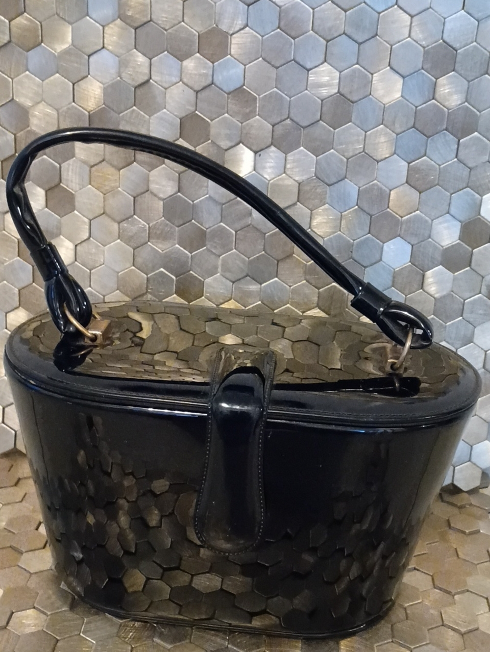Black Patent Hex-Texture Shoulder Bag